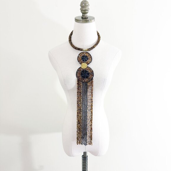 Vintage Brown and Black Beaded Statement Necklace EUC Hook Closure - Picture 1 of 6